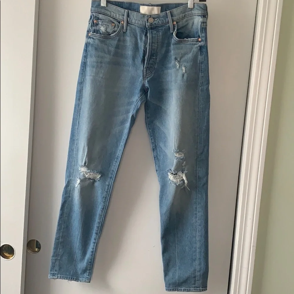 MOTHER Light Blue Distressed Straight Leg Jeans
